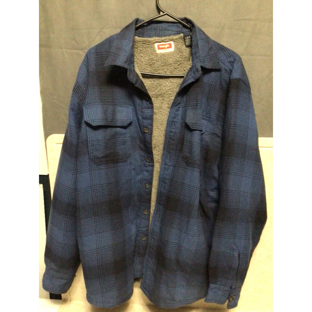 Wrangler Mens Blue Black Plaid Sherpa Lined Flannel Shirt Jacket HJP1WWB Large